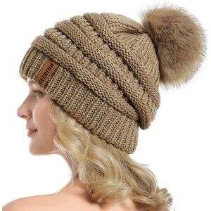 Women Khaki Soft Acrylic Thick Baggy Knit Winter Faux Fur Pompom Beanie